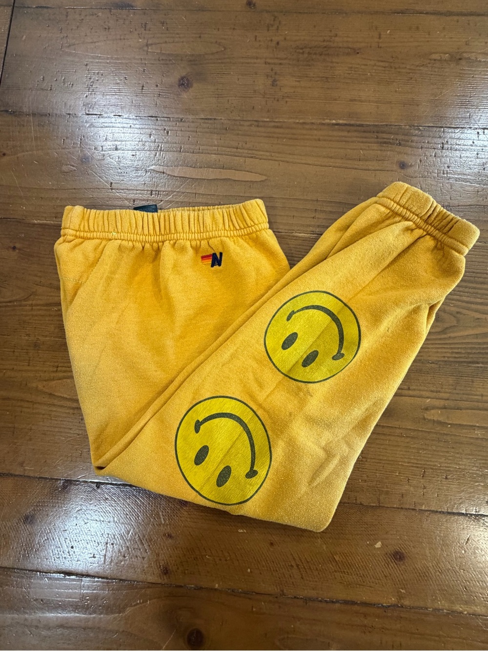 Aviator Nation Kids Yellow Smiley face stripe Sweatpants, size 6